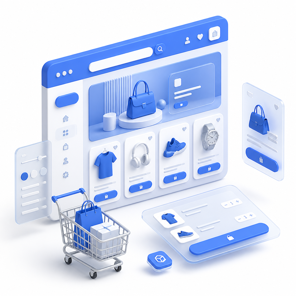 E-commerce website mockup with 3D floating elements