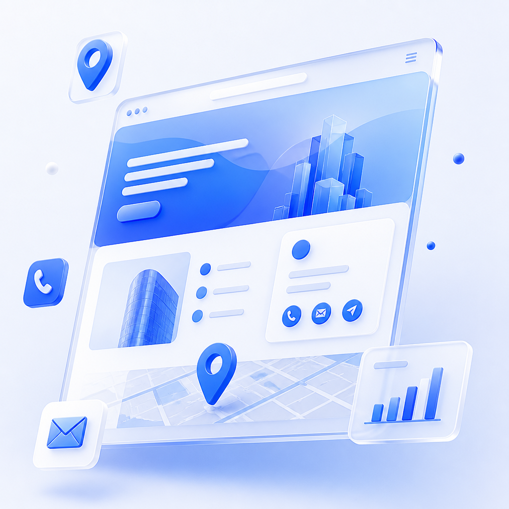 Business info website mockup with 3D floating elements