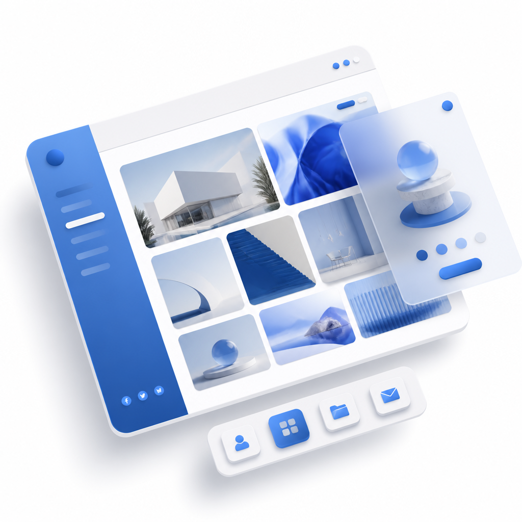Professional portfolio website mockup with 3D floating elements